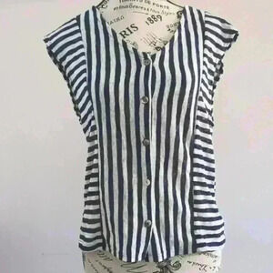 COIN 1804 | Women's Navy/White Striped Button Front Short Sleeved  Shirt